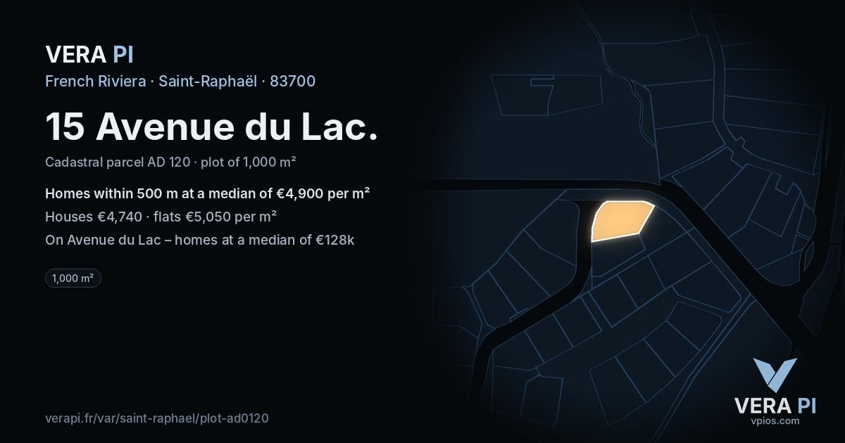 15 Avenue du Lac, Saint-Raphaël at night – the plot lit, the parcels around coloured by the prices near them