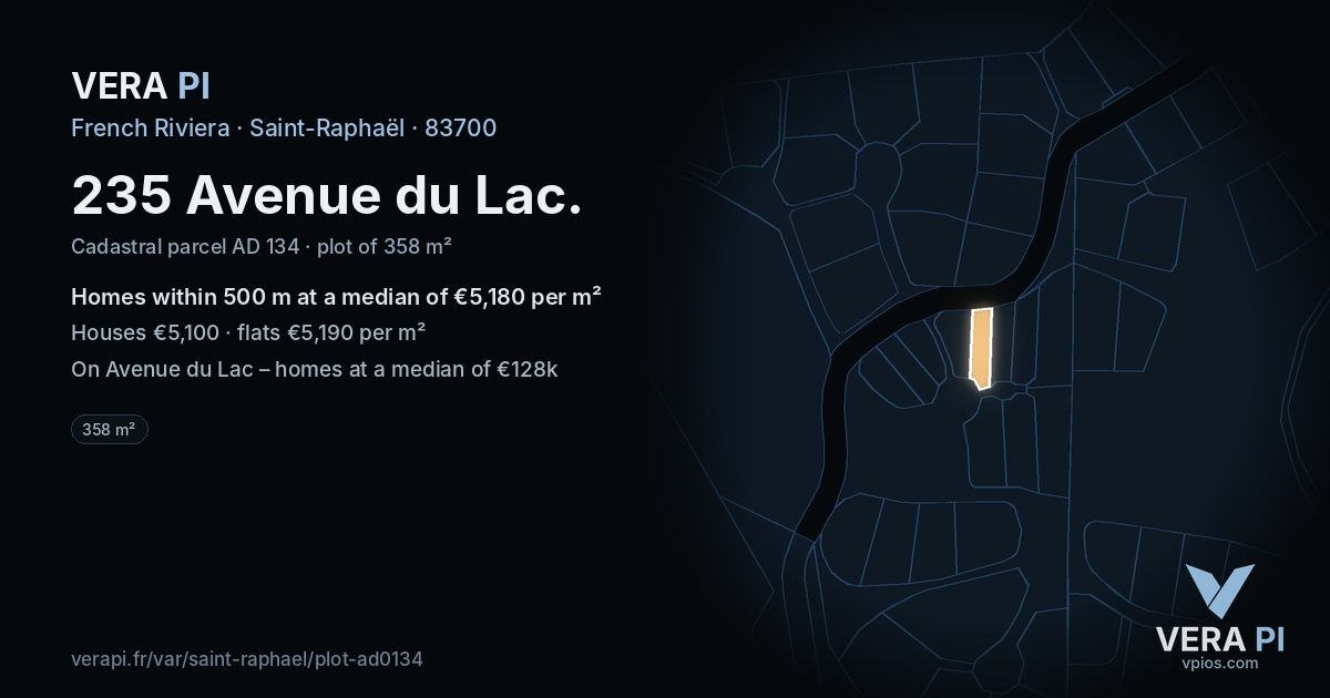 235 Avenue du Lac, Saint-Raphaël at night – the plot lit, the parcels around coloured by the prices near them