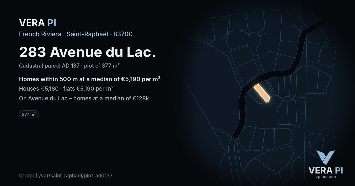 283 Avenue du Lac, Saint-Raphaël at night – the plot lit, the parcels around coloured by the prices near them