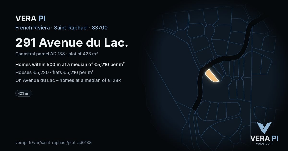 291 Avenue du Lac, Saint-Raphaël at night – the plot lit, the parcels around coloured by the prices near them