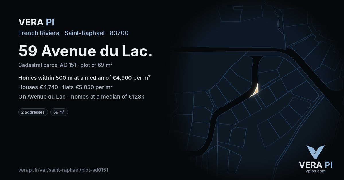 59 Avenue du Lac, Saint-Raphaël at night – the plot lit, the parcels around coloured by the prices near them