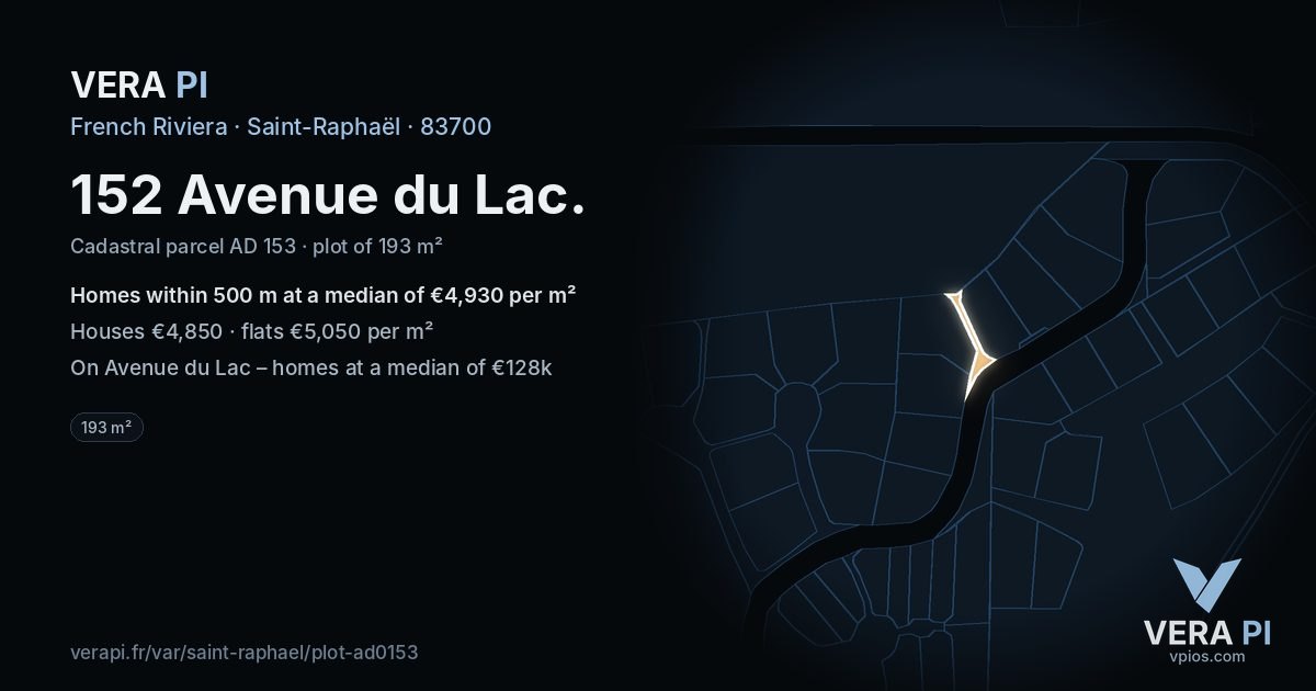 152 Avenue du Lac, Saint-Raphaël at night – the plot lit, the parcels around coloured by the prices near them