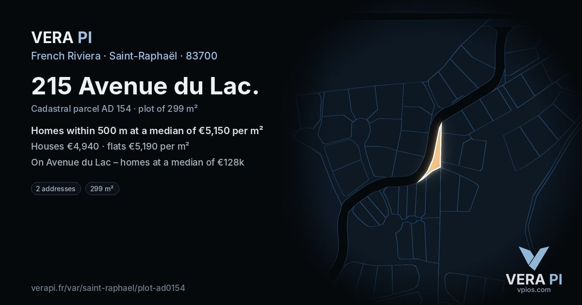215 Avenue du Lac, Saint-Raphaël at night – the plot lit, the parcels around coloured by the prices near them