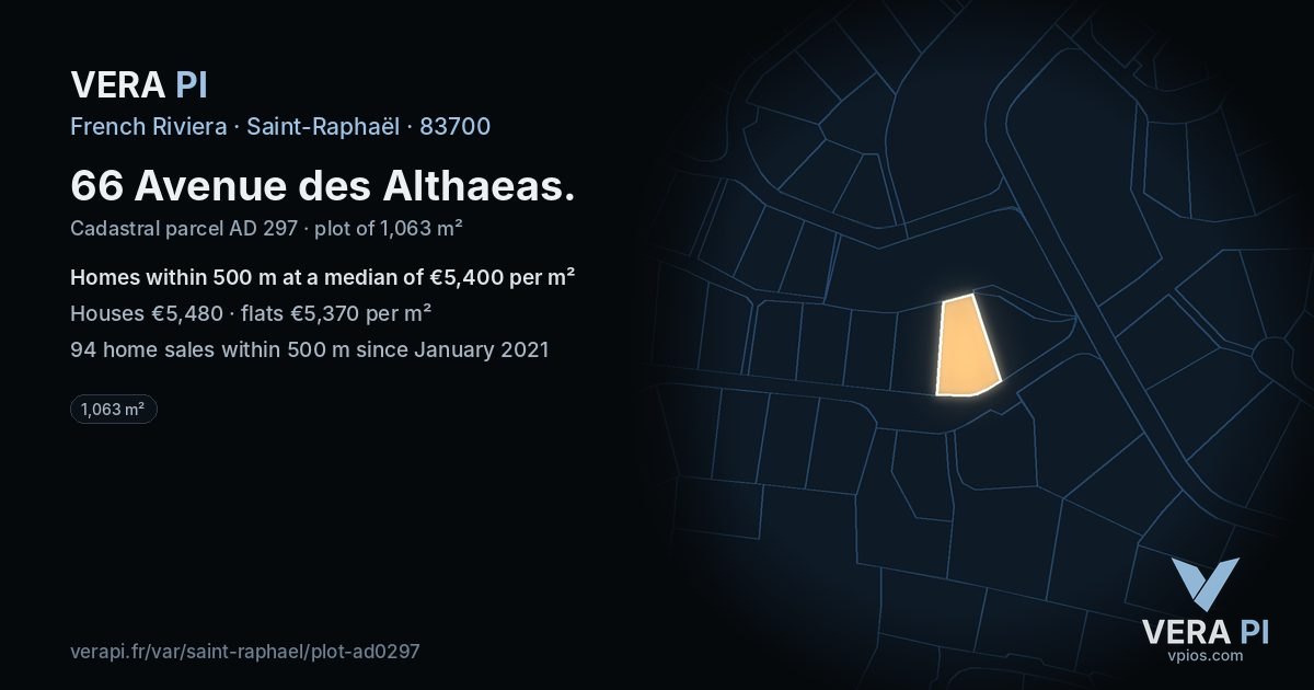66 Avenue des Althaeas, Saint-Raphaël at night – the plot lit, the parcels around coloured by the prices near them