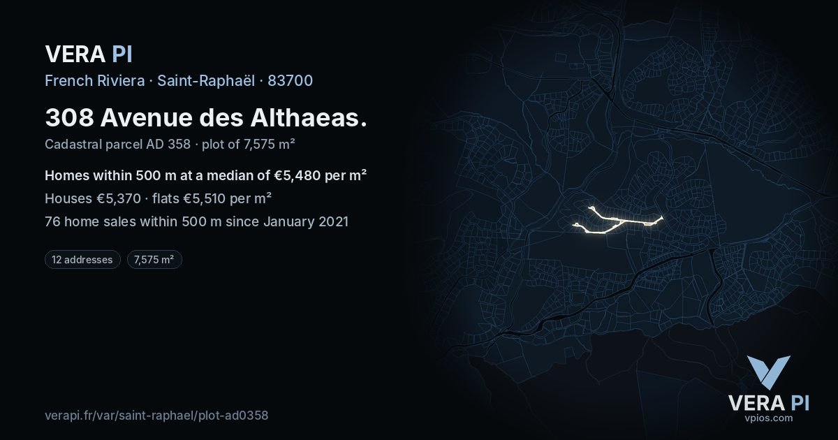 308 Avenue des Althaeas, Saint-Raphaël at night – the plot lit, the parcels around coloured by the prices near them