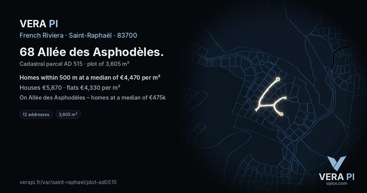 68 Allée des Asphodèles, Saint-Raphaël at night – the plot lit, the parcels around coloured by the prices near them