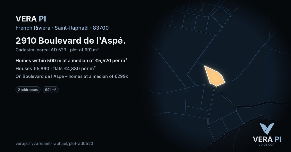 2910 Boulevard de l'Aspé, Saint-Raphaël at night – the plot lit, the parcels around coloured by the prices near them