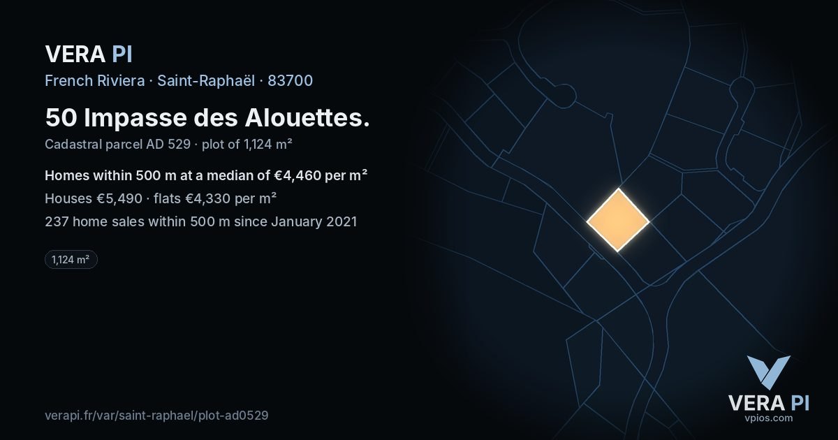 50 Impasse des Alouettes, Saint-Raphaël at night – the plot lit, the parcels around coloured by the prices near them