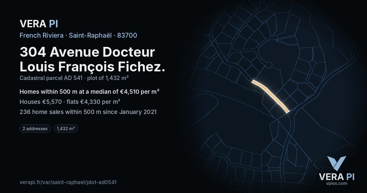 304 Avenue Docteur Louis François Fichez, Saint-Raphaël at night – the plot lit, the parcels around coloured by the prices near them