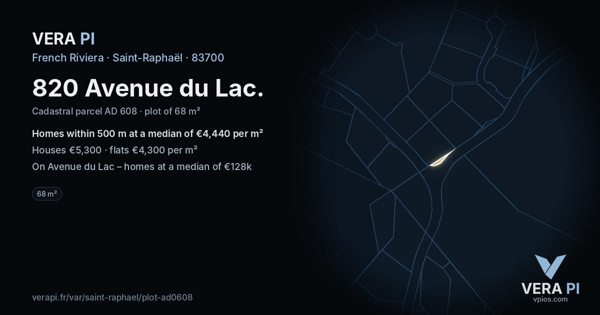 820 Avenue du Lac, Saint-Raphaël at night – the plot lit, the parcels around coloured by the prices near them