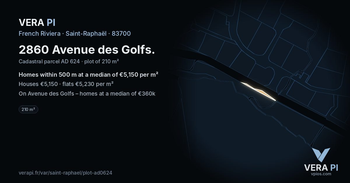 2860 Avenue des Golfs, Saint-Raphaël at night – the plot lit, the parcels around coloured by the prices near them