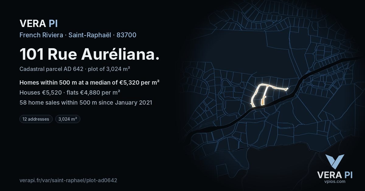 101 Rue Auréliana, Saint-Raphaël at night – the plot lit, the parcels around coloured by the prices near them