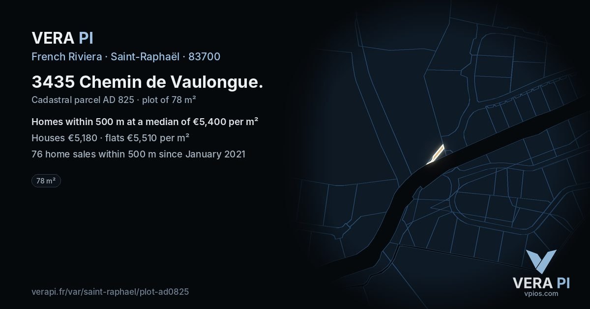 3435 Chemin de Vaulongue, Saint-Raphaël at night – the plot lit, the parcels around coloured by the prices near them