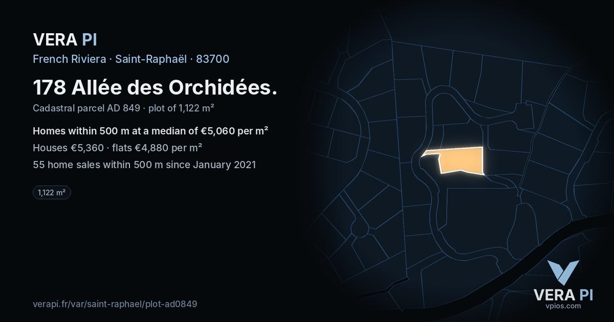178 Allée des Orchidées, Saint-Raphaël at night – the plot lit, the parcels around coloured by the prices near them