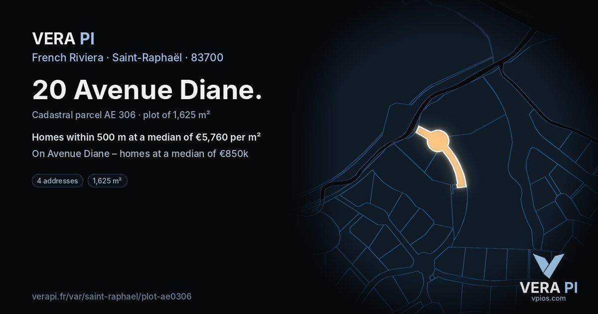 20 Avenue Diane, Saint-Raphaël at night – the plot lit, the parcels around coloured by the prices near them