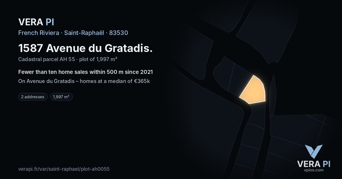 1587 Avenue du Gratadis, Saint-Raphaël at night – the plot lit, the parcels around coloured by the prices near them