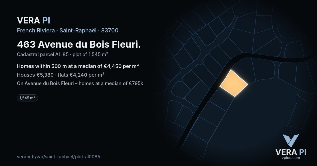 463 Avenue du Bois Fleuri, Saint-Raphaël at night – the plot lit, the parcels around coloured by the prices near them