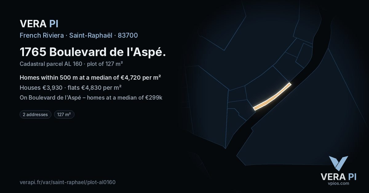 1765 Boulevard de l'Aspé, Saint-Raphaël at night – the plot lit, the parcels around coloured by the prices near them
