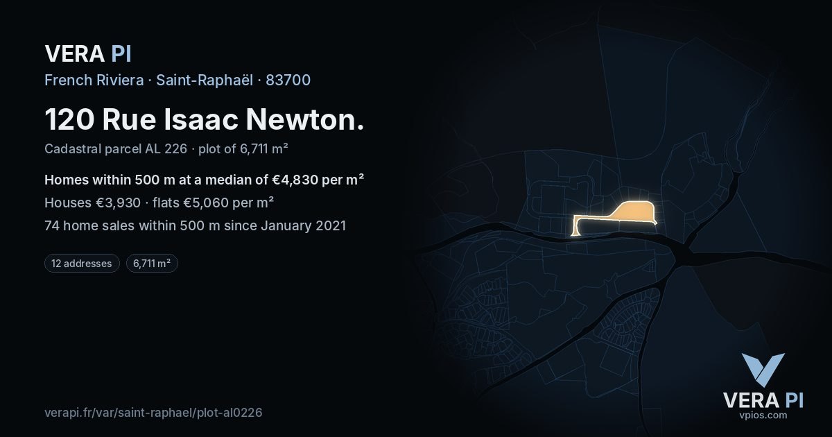 120 Rue Isaac Newton, Saint-Raphaël at night – the plot lit, the parcels around coloured by the prices near them