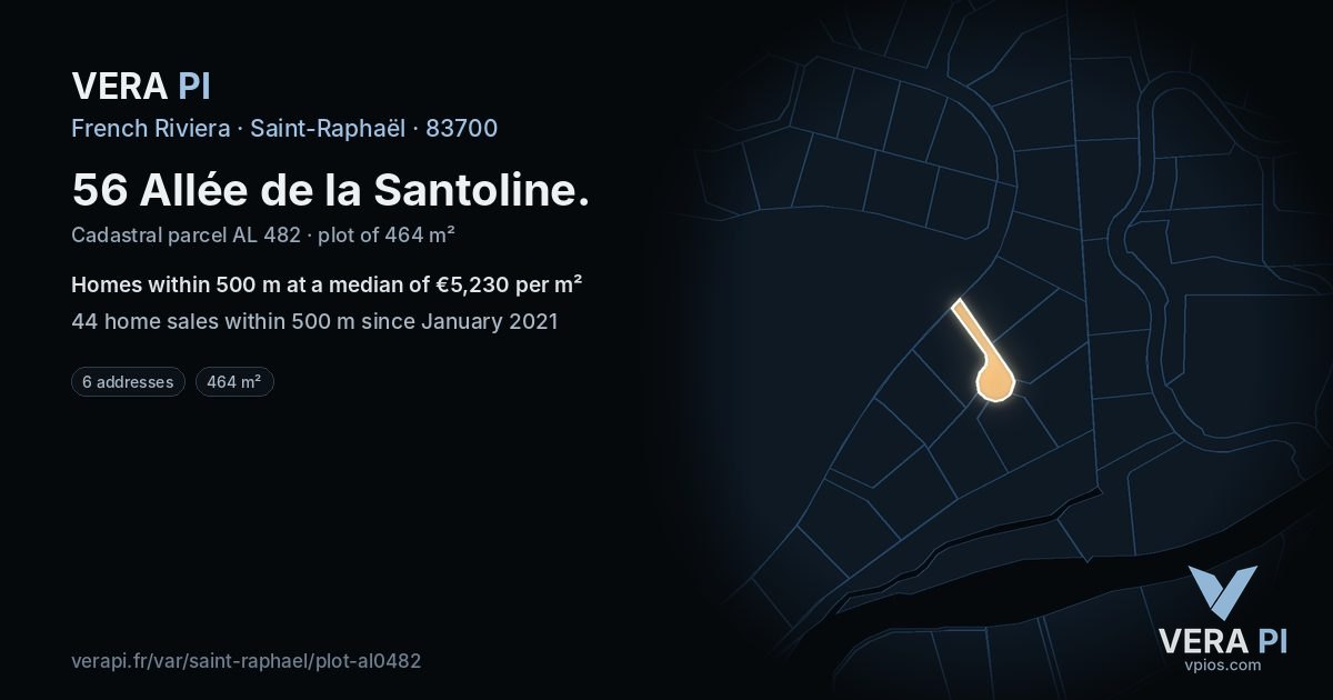 56 Allée de la Santoline, Saint-Raphaël at night – the plot lit, the parcels around coloured by the prices near them