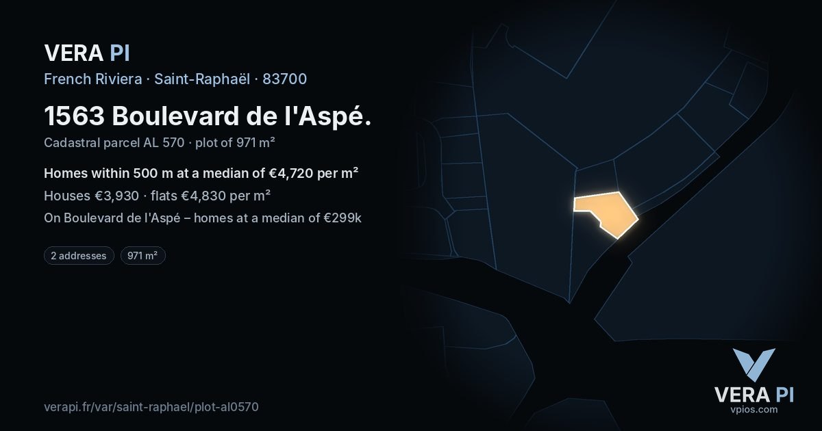 1563 Boulevard de l'Aspé, Saint-Raphaël at night – the plot lit, the parcels around coloured by the prices near them