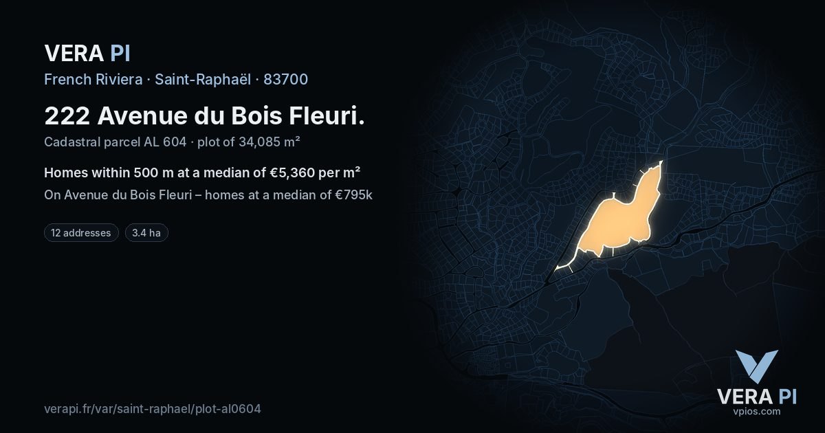 222 Avenue du Bois Fleuri, Saint-Raphaël at night – the plot lit, the parcels around coloured by the prices near them