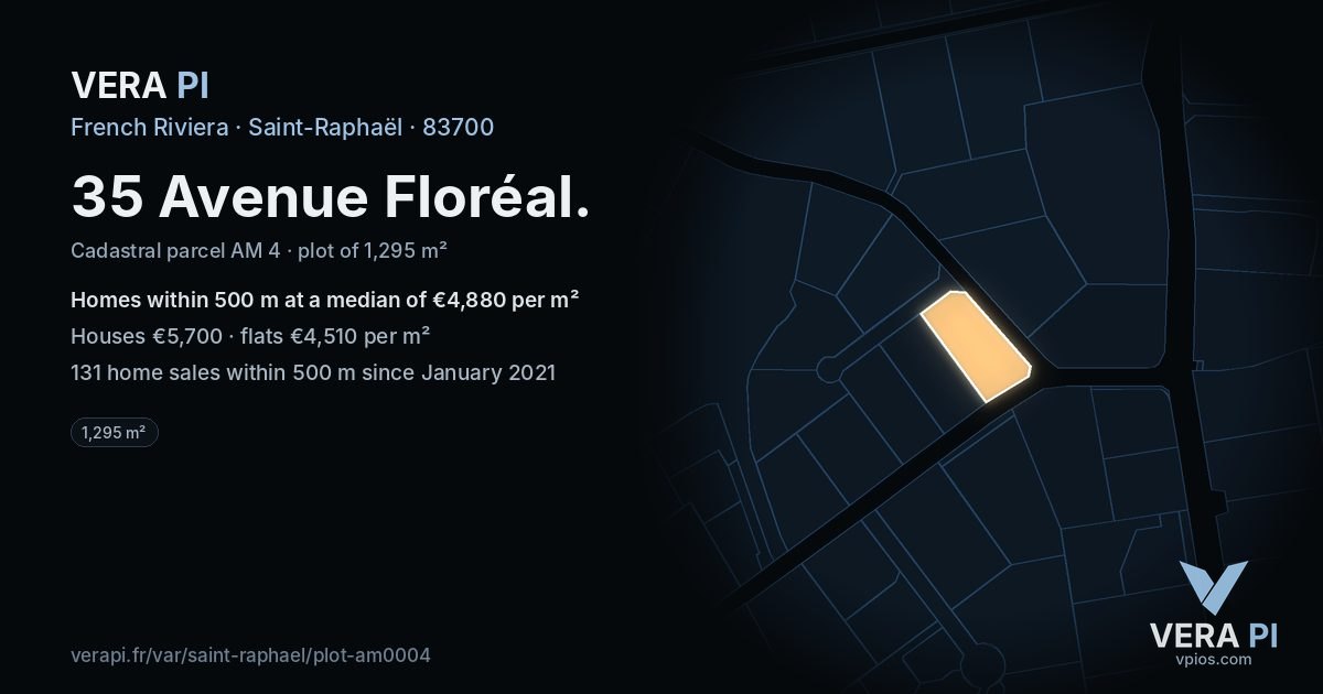 35 Avenue Floréal, Saint-Raphaël at night – the plot lit, the parcels around coloured by the prices near them