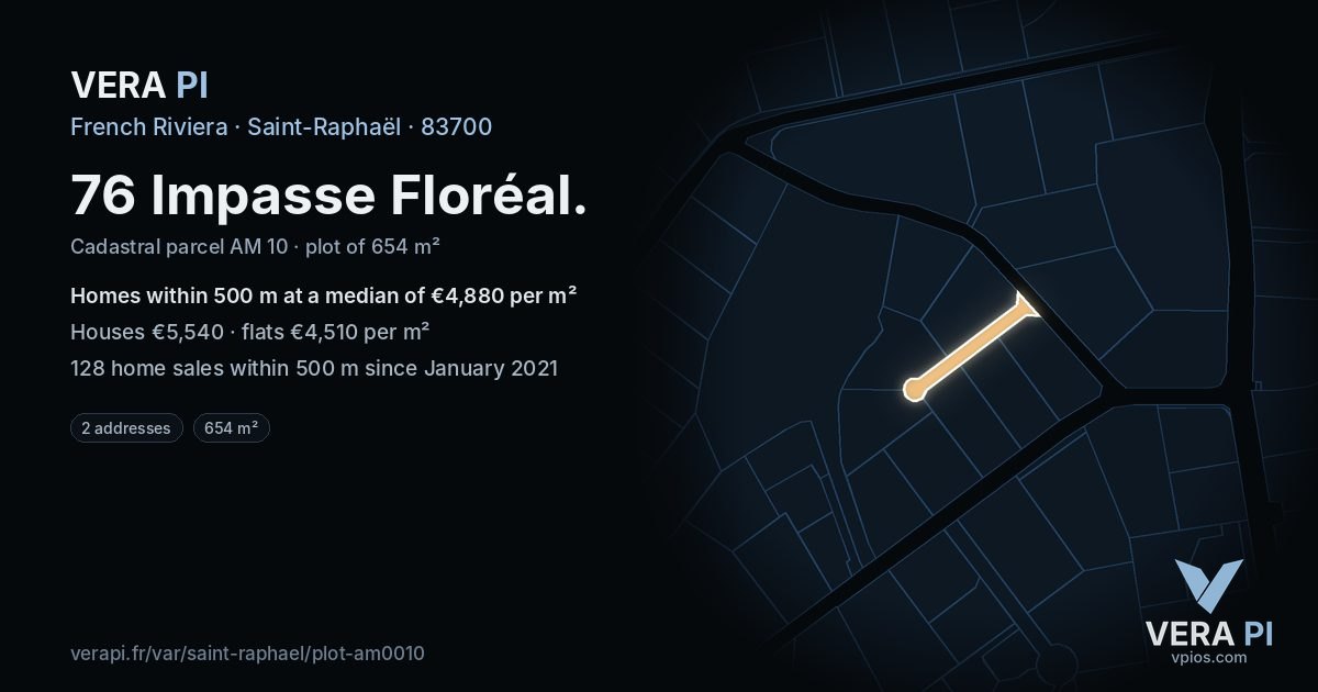 76 Impasse Floréal, Saint-Raphaël at night – the plot lit, the parcels around coloured by the prices near them