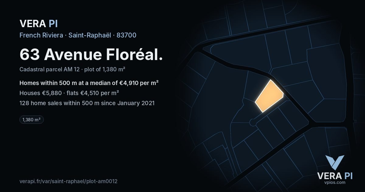 63 Avenue Floréal, Saint-Raphaël at night – the plot lit, the parcels around coloured by the prices near them