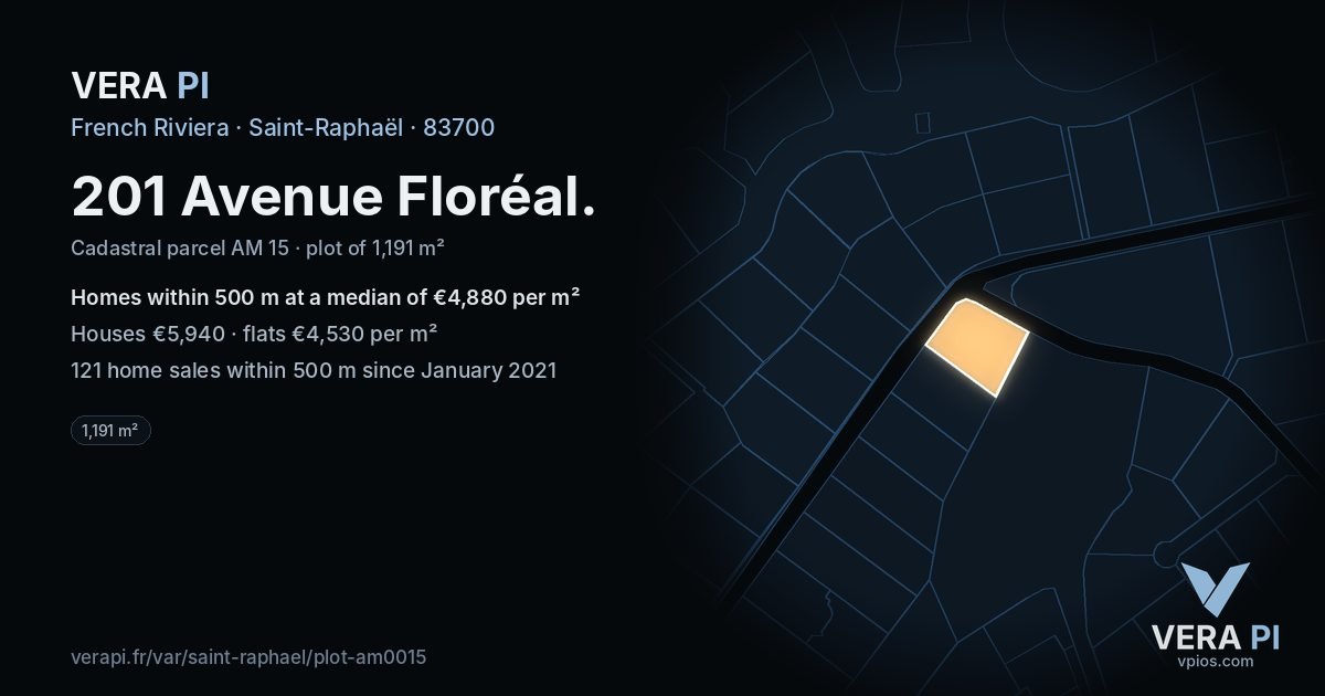 201 Avenue Floréal, Saint-Raphaël at night – the plot lit, the parcels around coloured by the prices near them