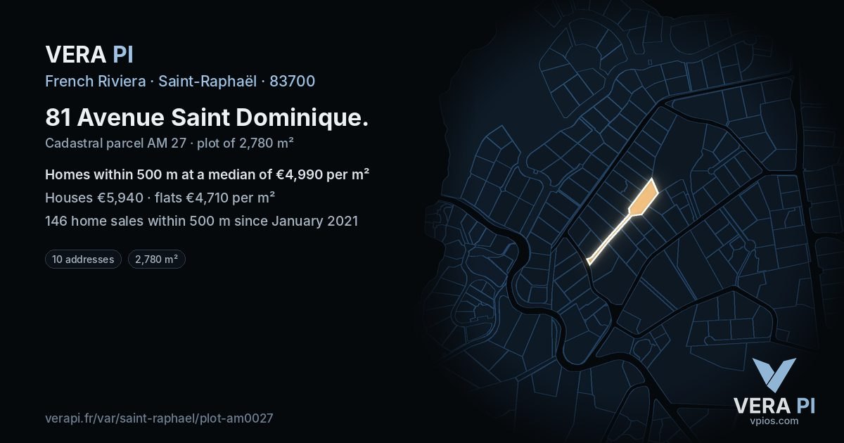 81 Avenue Saint Dominique, Saint-Raphaël at night – the plot lit, the parcels around coloured by the prices near them
