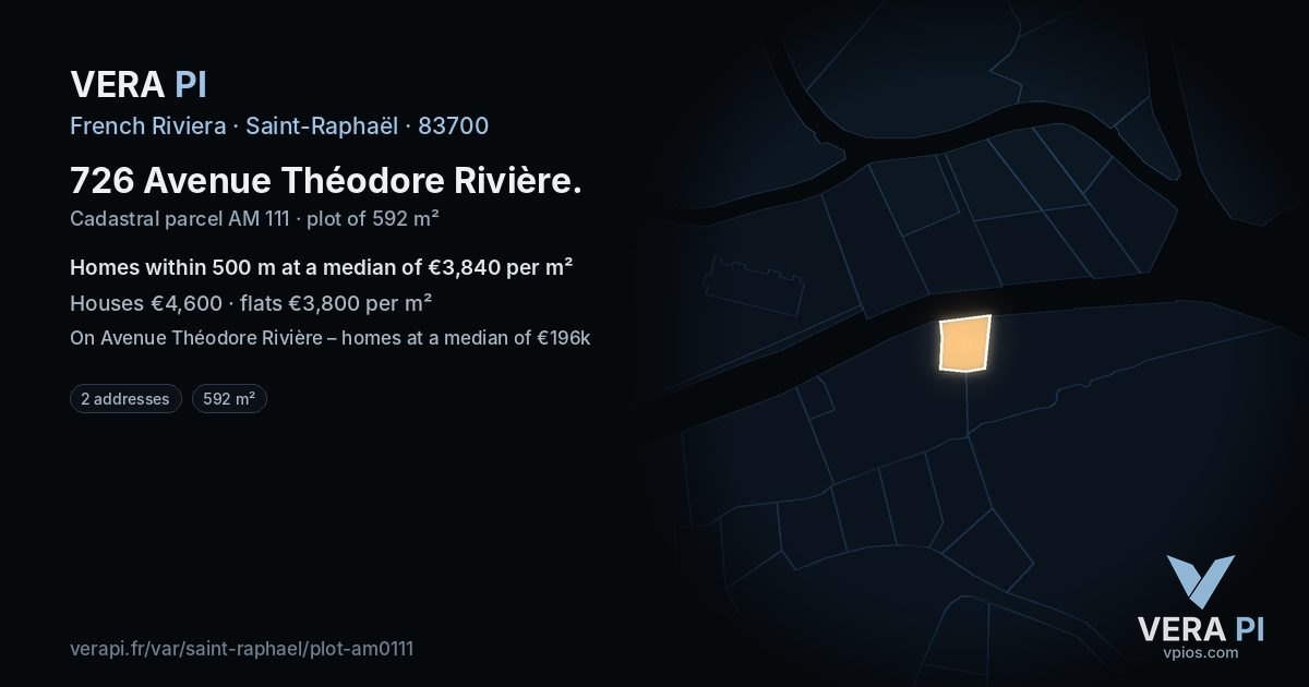 726 Avenue Théodore Rivière, Saint-Raphaël at night – the plot lit, the parcels around coloured by the prices near them