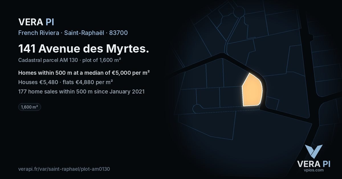 141 Avenue des Myrtes, Saint-Raphaël at night – the plot lit, the parcels around coloured by the prices near them