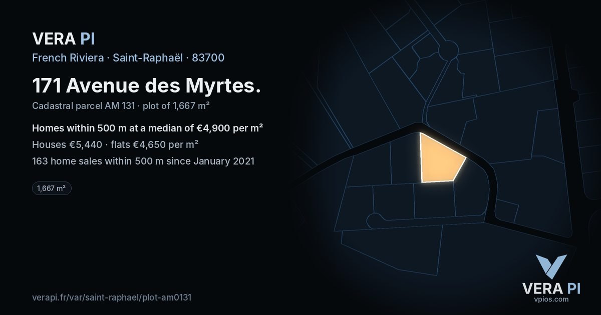 171 Avenue des Myrtes, Saint-Raphaël at night – the plot lit, the parcels around coloured by the prices near them
