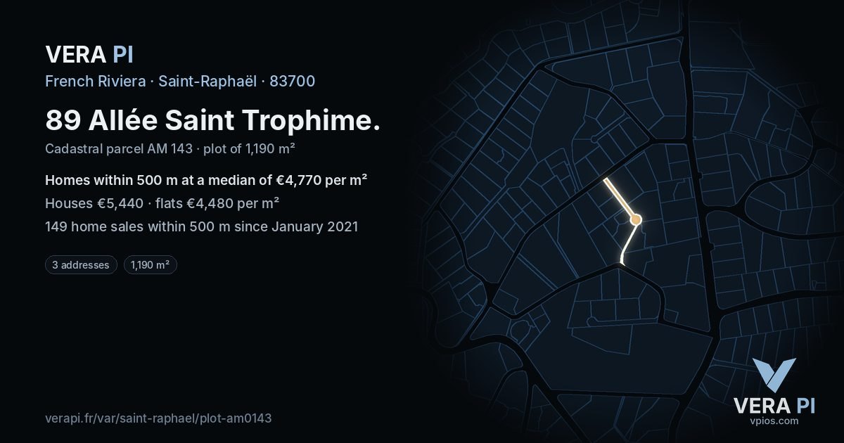 89 Allée Saint Trophime, Saint-Raphaël at night – the plot lit, the parcels around coloured by the prices near them