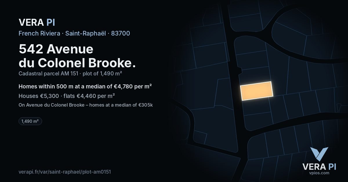 542 Avenue du Colonel Brooke, Saint-Raphaël at night – the plot lit, the parcels around coloured by the prices near them