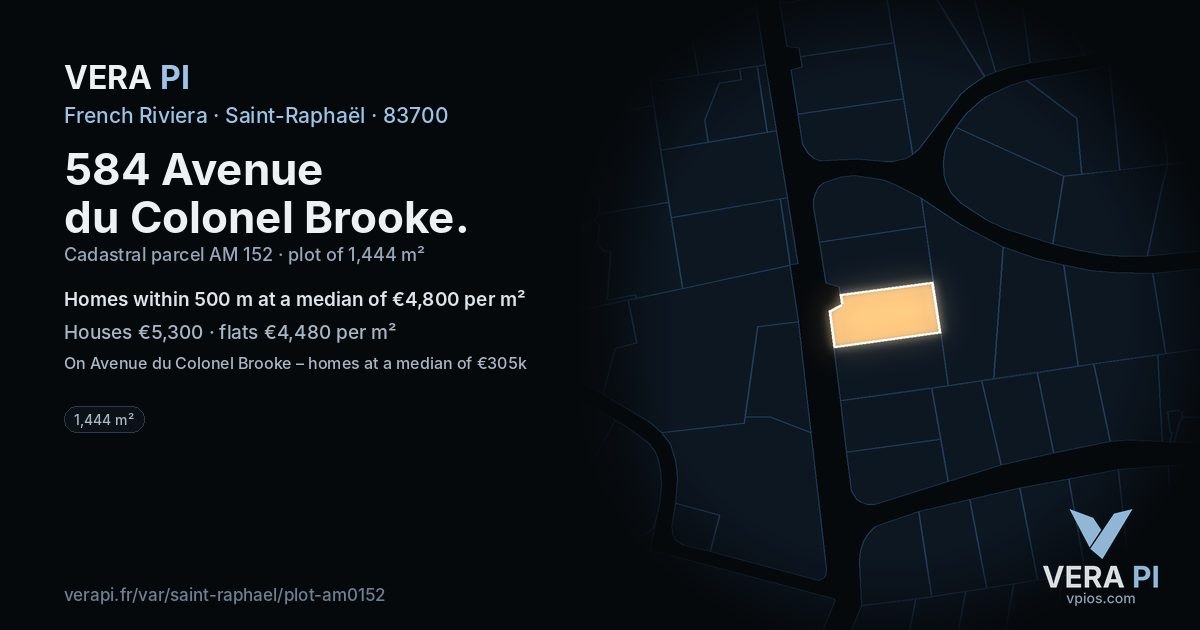 584 Avenue du Colonel Brooke, Saint-Raphaël at night – the plot lit, the parcels around coloured by the prices near them