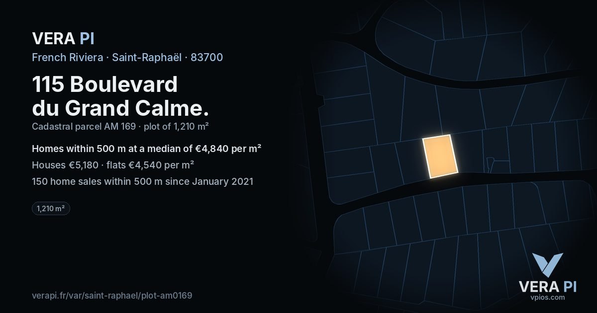 115 Boulevard du Grand Calme, Saint-Raphaël at night – the plot lit, the parcels around coloured by the prices near them
