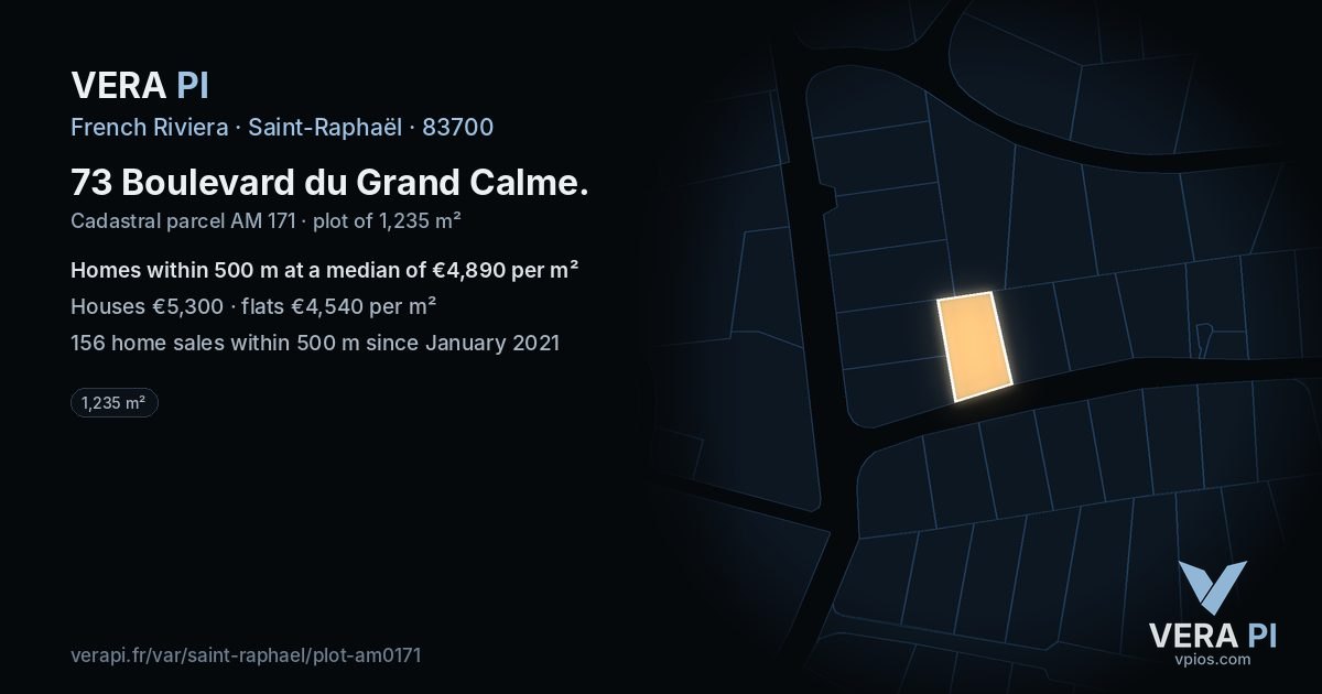 73 Boulevard du Grand Calme, Saint-Raphaël at night – the plot lit, the parcels around coloured by the prices near them
