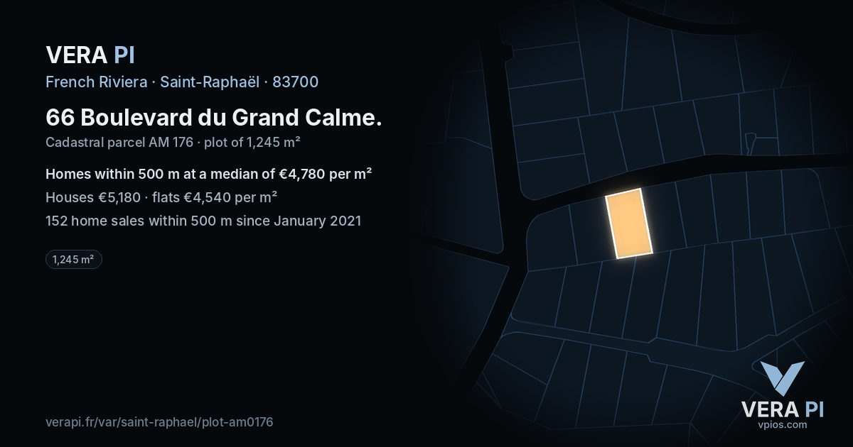 66 Boulevard du Grand Calme, Saint-Raphaël at night – the plot lit, the parcels around coloured by the prices near them