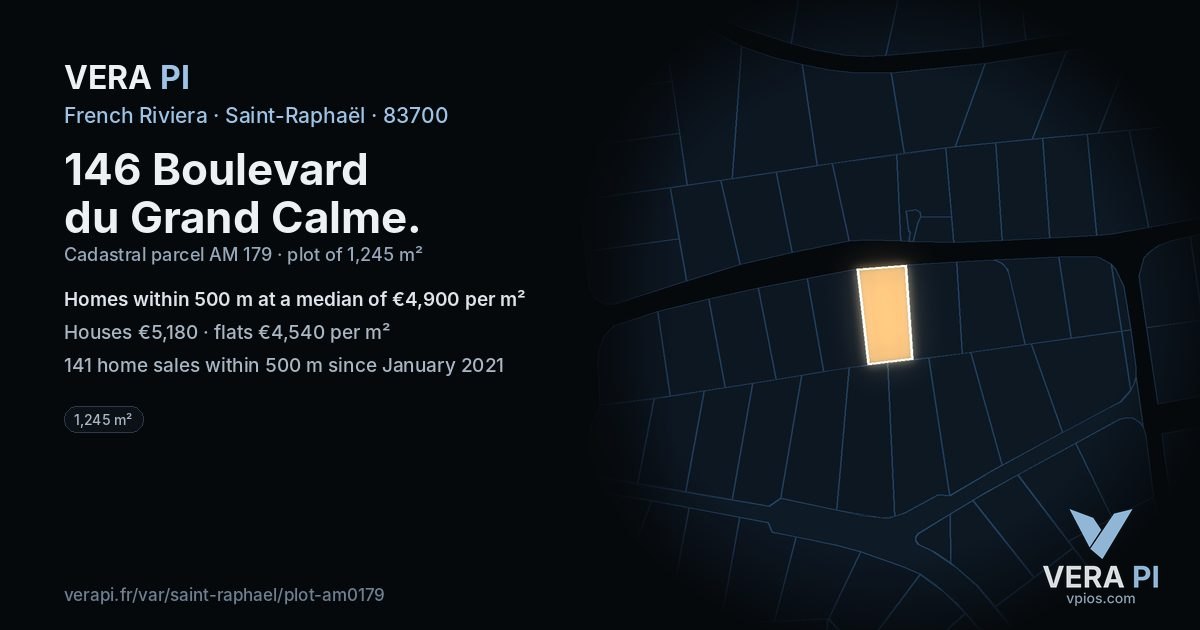 146 Boulevard du Grand Calme, Saint-Raphaël at night – the plot lit, the parcels around coloured by the prices near them