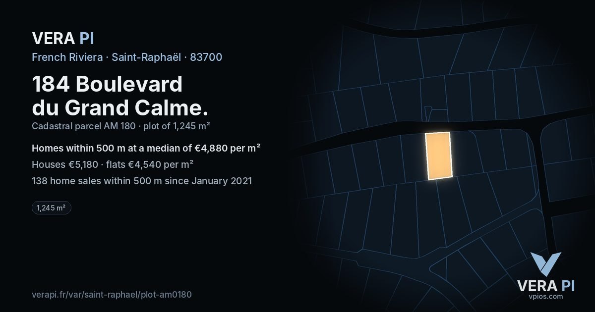 184 Boulevard du Grand Calme, Saint-Raphaël at night – the plot lit, the parcels around coloured by the prices near them
