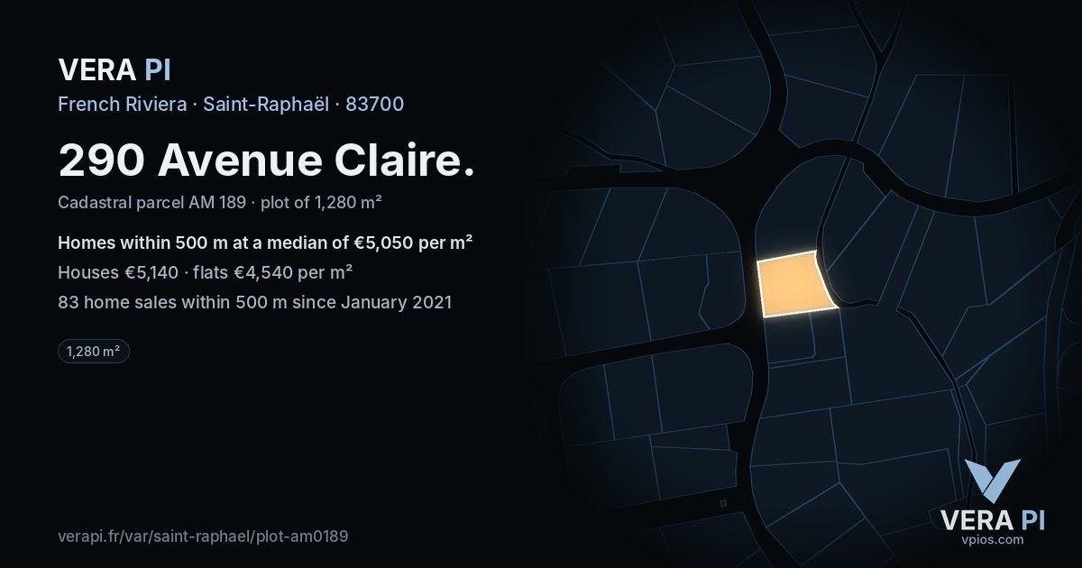 290 Avenue Claire, Saint-Raphaël at night – the plot lit, the parcels around coloured by the prices near them