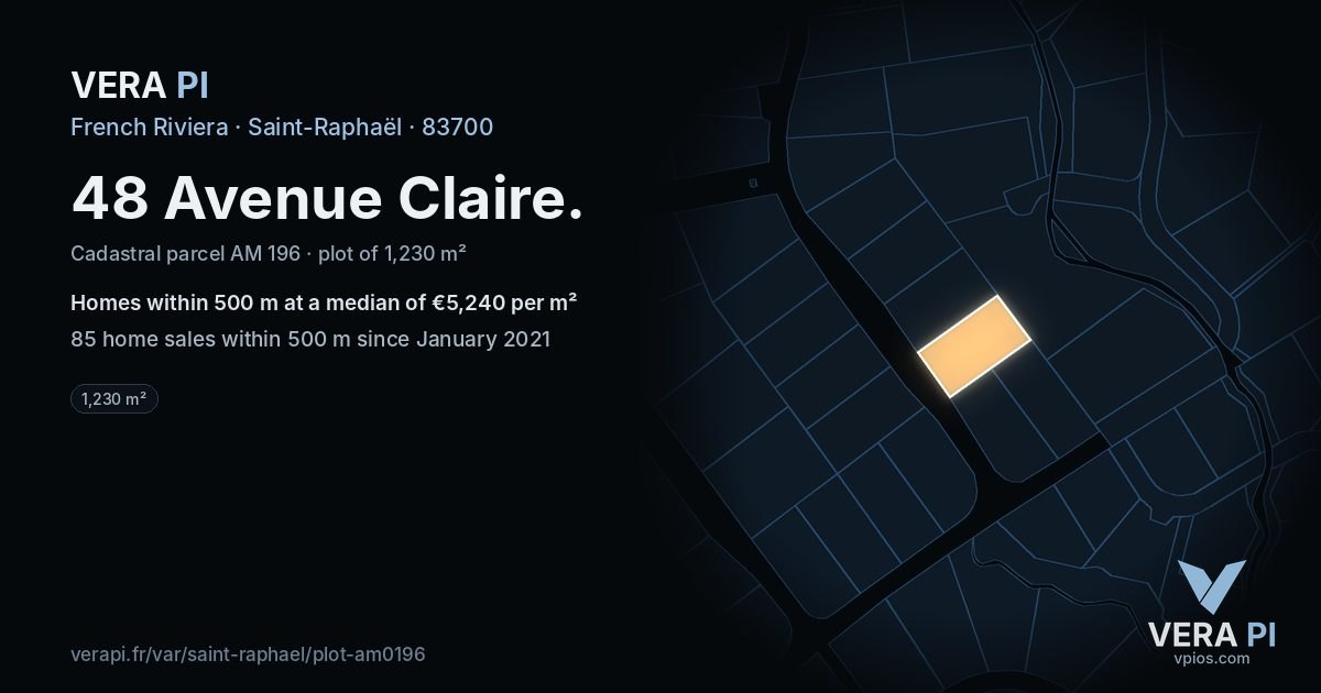 48 Avenue Claire, Saint-Raphaël at night – the plot lit, the parcels around coloured by the prices near them