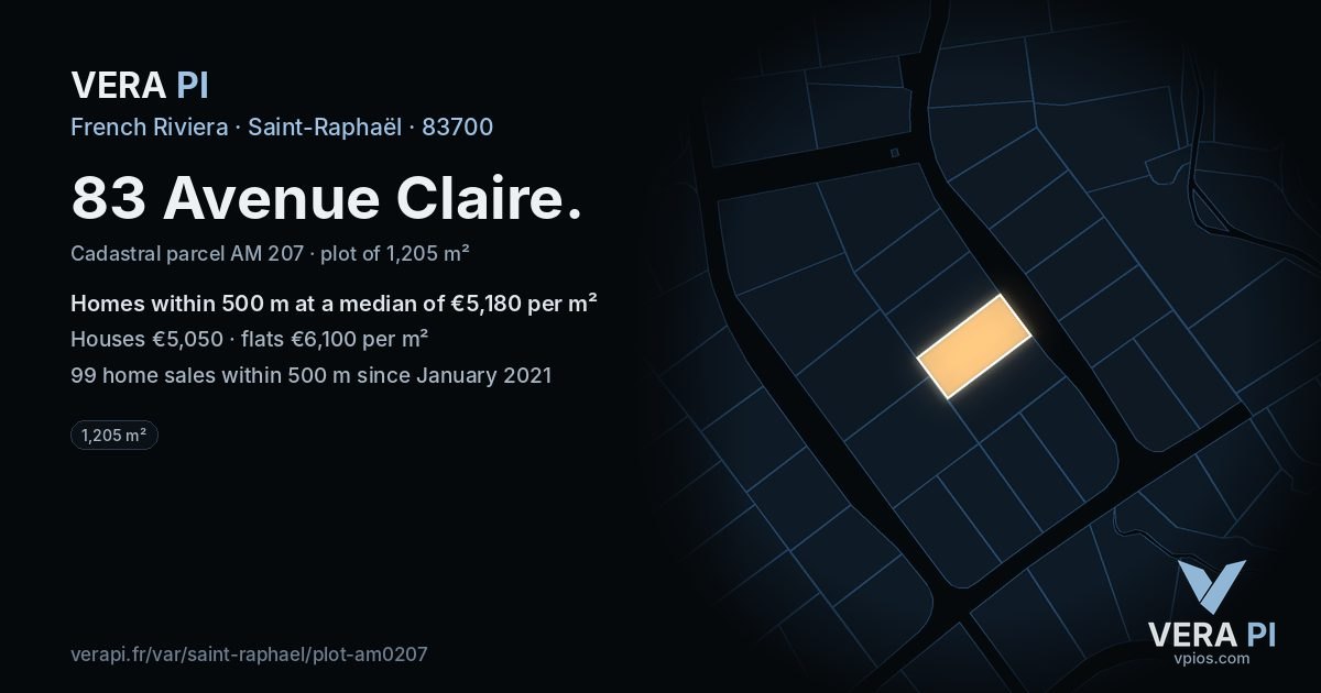 83 Avenue Claire, Saint-Raphaël at night – the plot lit, the parcels around coloured by the prices near them