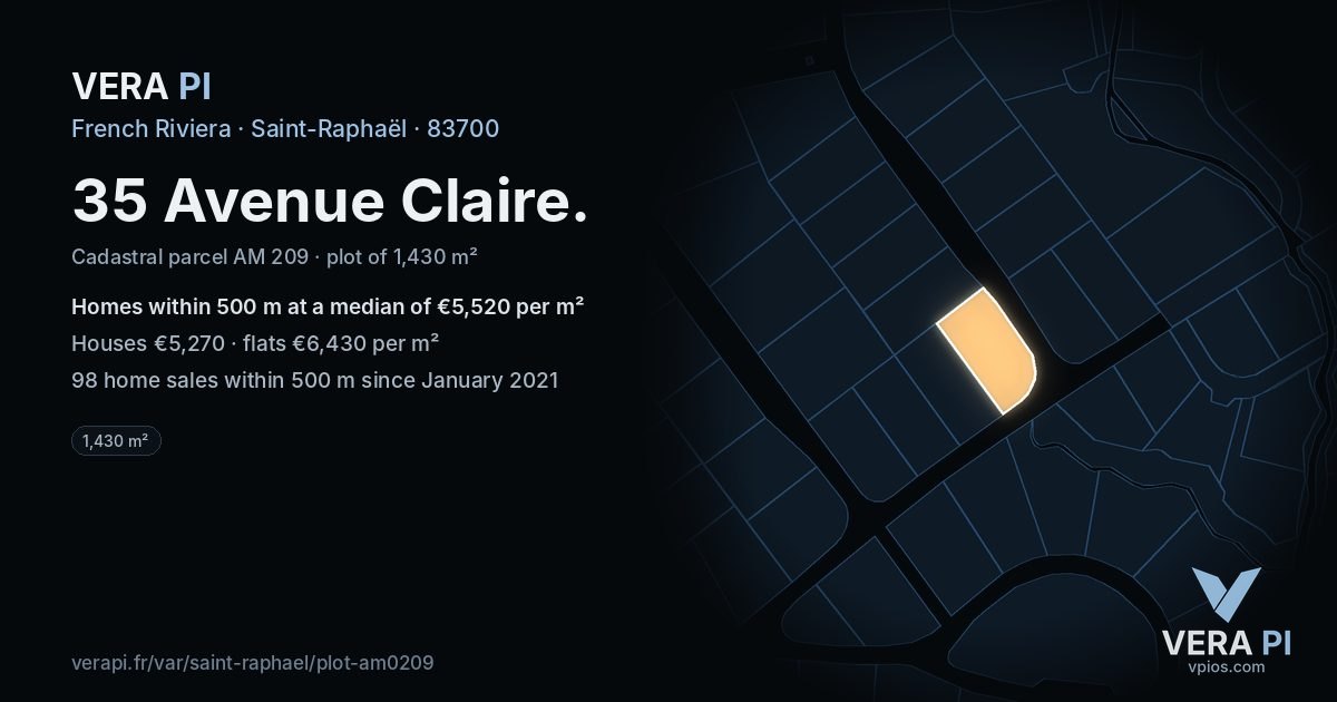 35 Avenue Claire, Saint-Raphaël at night – the plot lit, the parcels around coloured by the prices near them