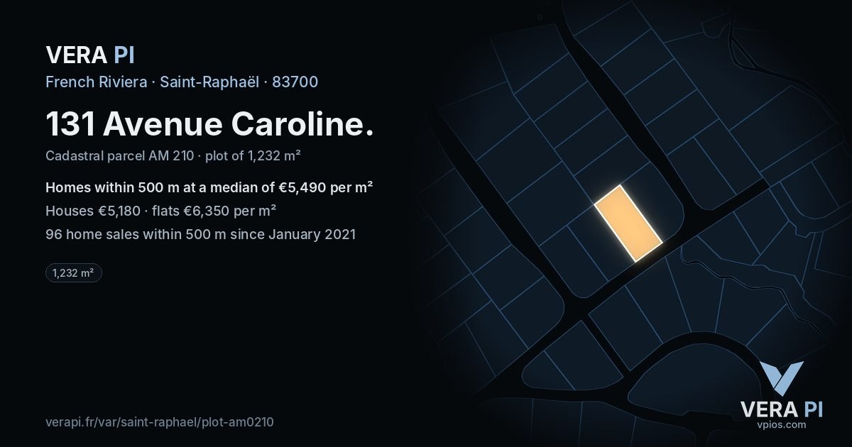 131 Avenue Caroline, Saint-Raphaël at night – the plot lit, the parcels around coloured by the prices near them
