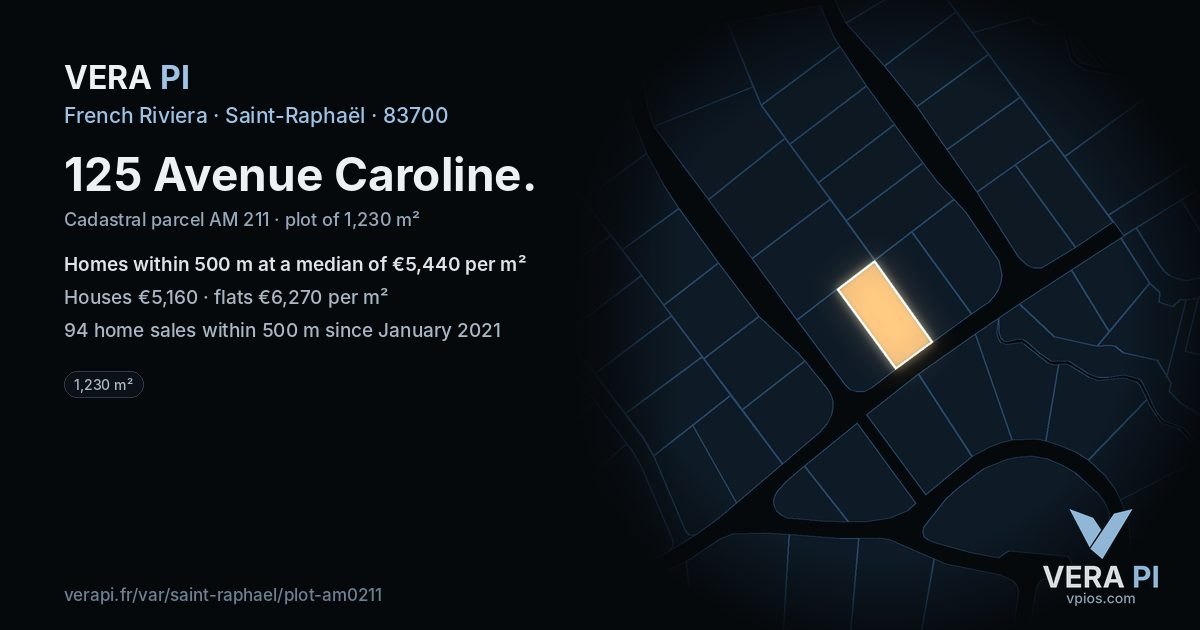 125 Avenue Caroline, Saint-Raphaël at night – the plot lit, the parcels around coloured by the prices near them