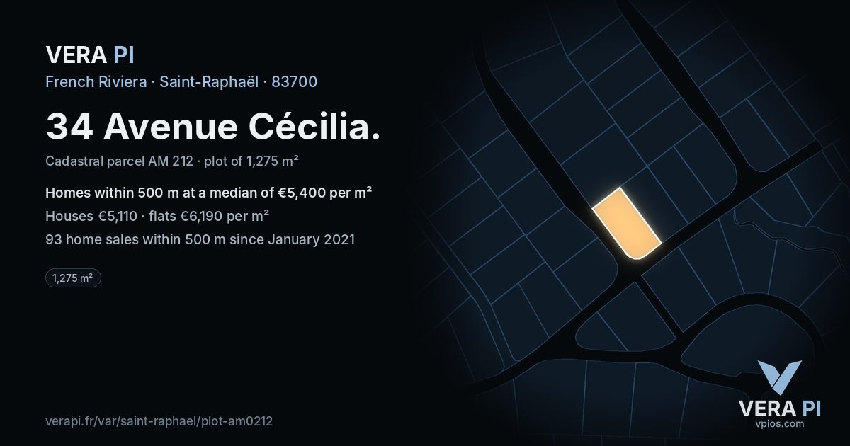 34 Avenue Cécilia, Saint-Raphaël at night – the plot lit, the parcels around coloured by the prices near them
