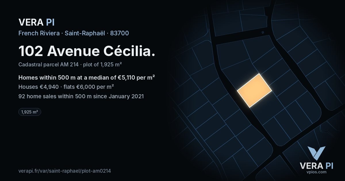 102 Avenue Cécilia, Saint-Raphaël at night – the plot lit, the parcels around coloured by the prices near them